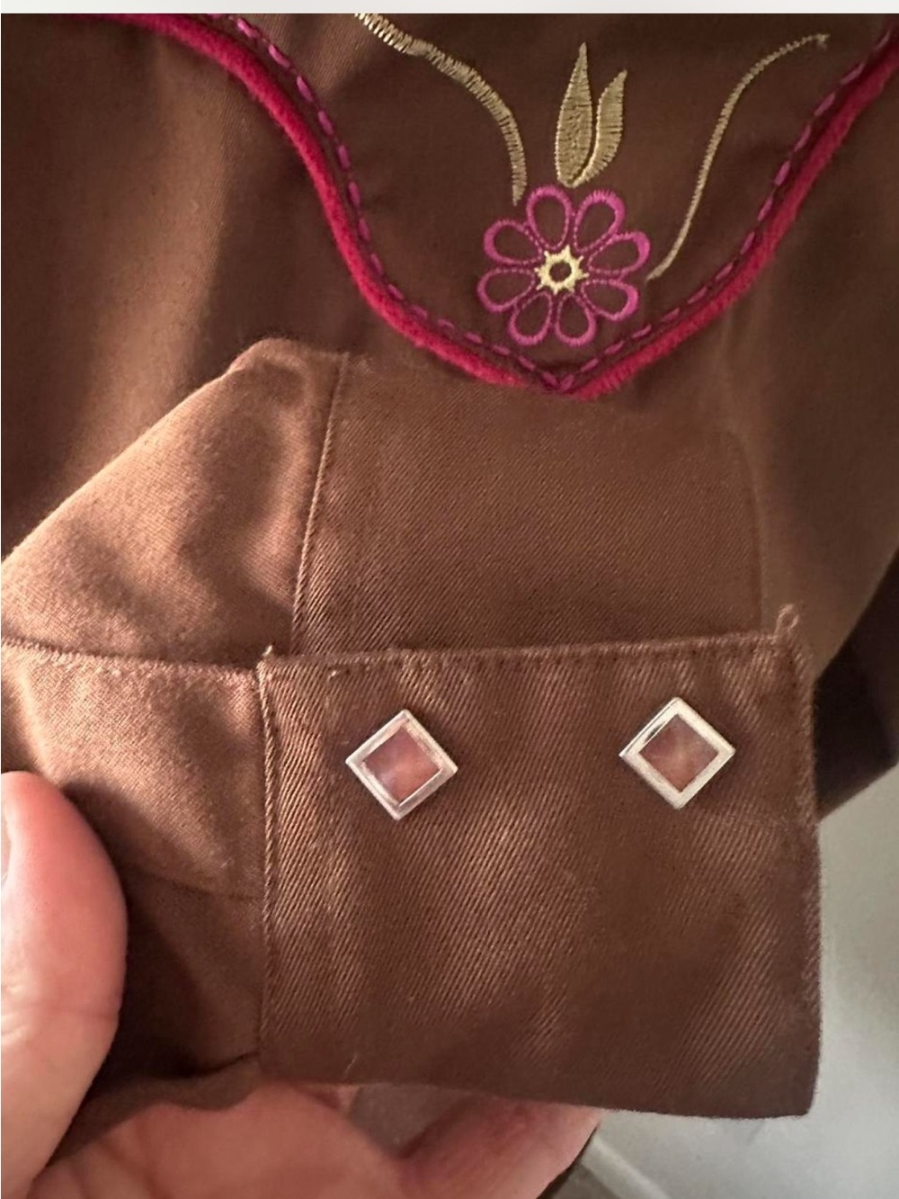Wrangler Western Embroidered Brown Pink Floral Pearl Snap Shirt L - Picture 4 of 7
